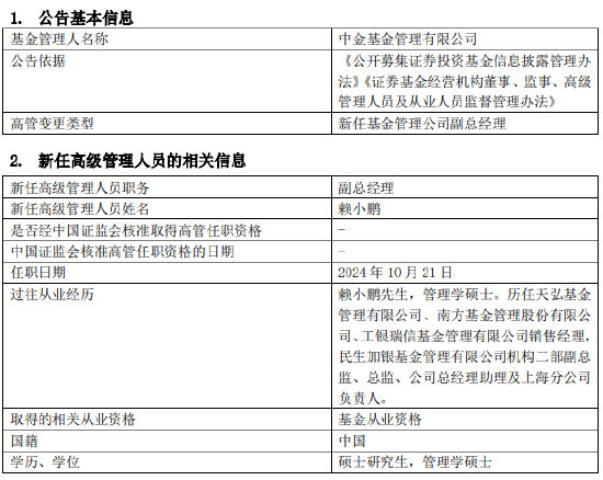 中金基金新任赖小鹏为副总经理 曾任民生加银基金总经理助理